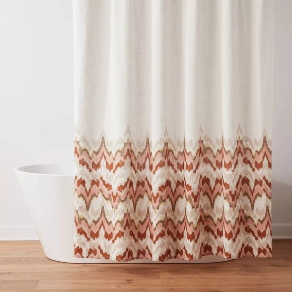 Threshold Coastal Red Shades & Cream Shower Curtain w/ 12 Brass Finish S Hooks - Picture 1 of 7